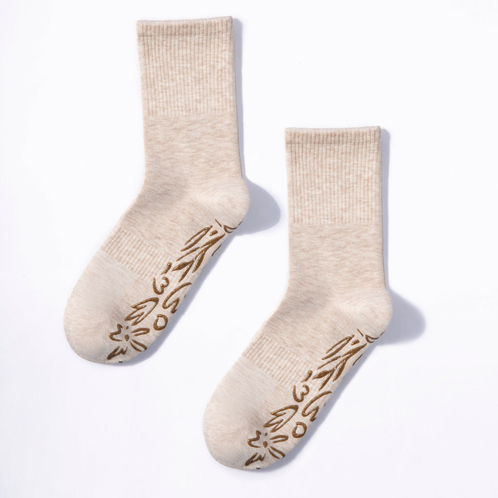 Serene Socks- Adult Organic Cotton Non-Slip Socks-  4 Seasons- Beige- 2 Pairs
