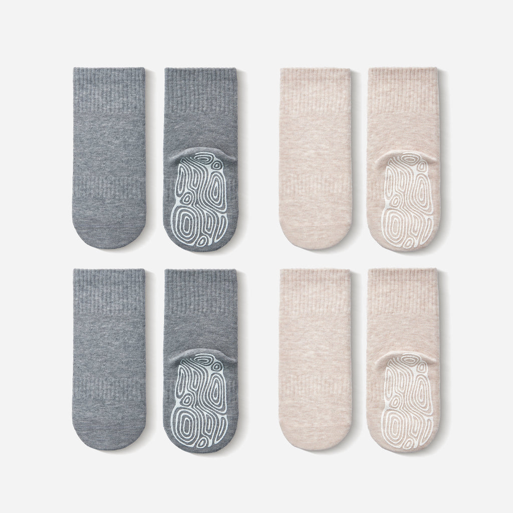 New- Organic Cotton Socks- Beige & Grey- 4 Pairs of Stay-On Baby & Toddler Non-Slip Socks
