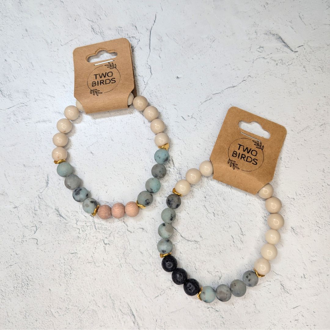 Gemstone Diffuser Bracelet - Fossil Jasper + Kiwi Jasper + Rosewood