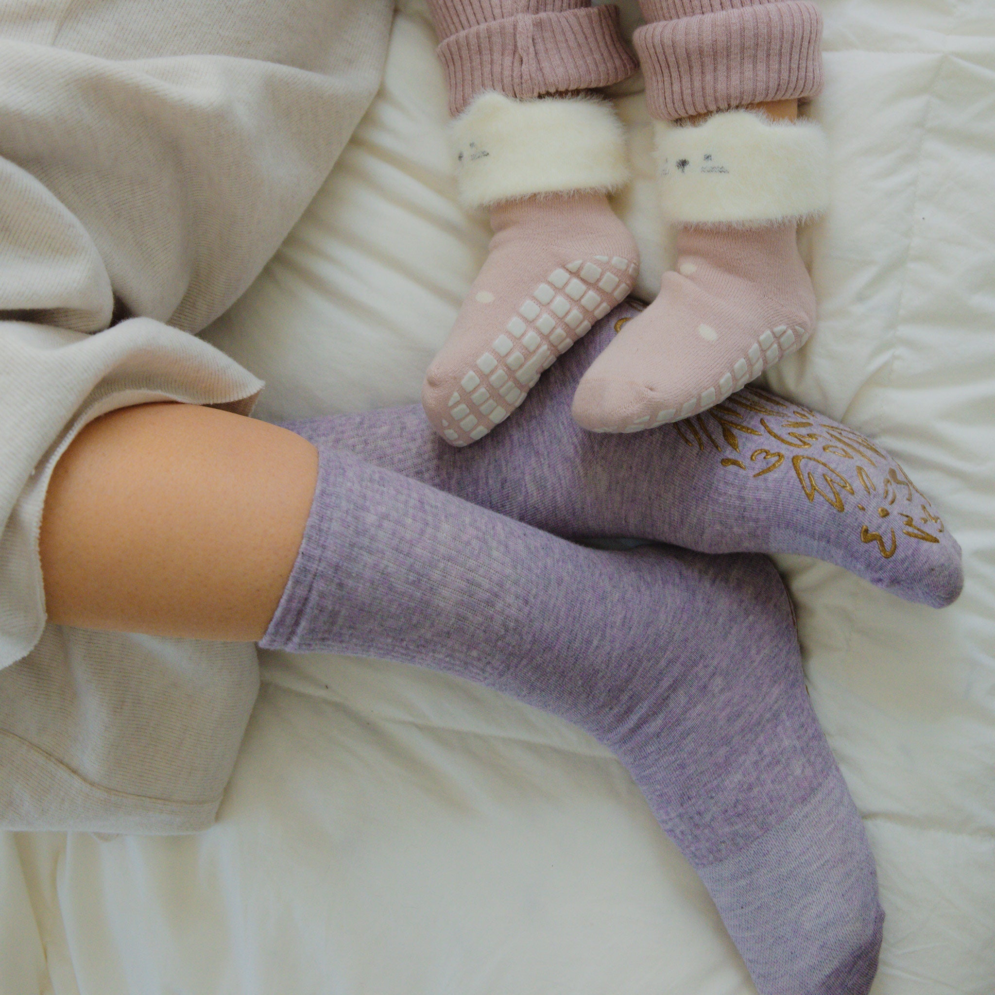 Serene Socks- Adult Organic Cotton Non-Slip Socks- 4 Seasons- Lavender- 2 Pairs