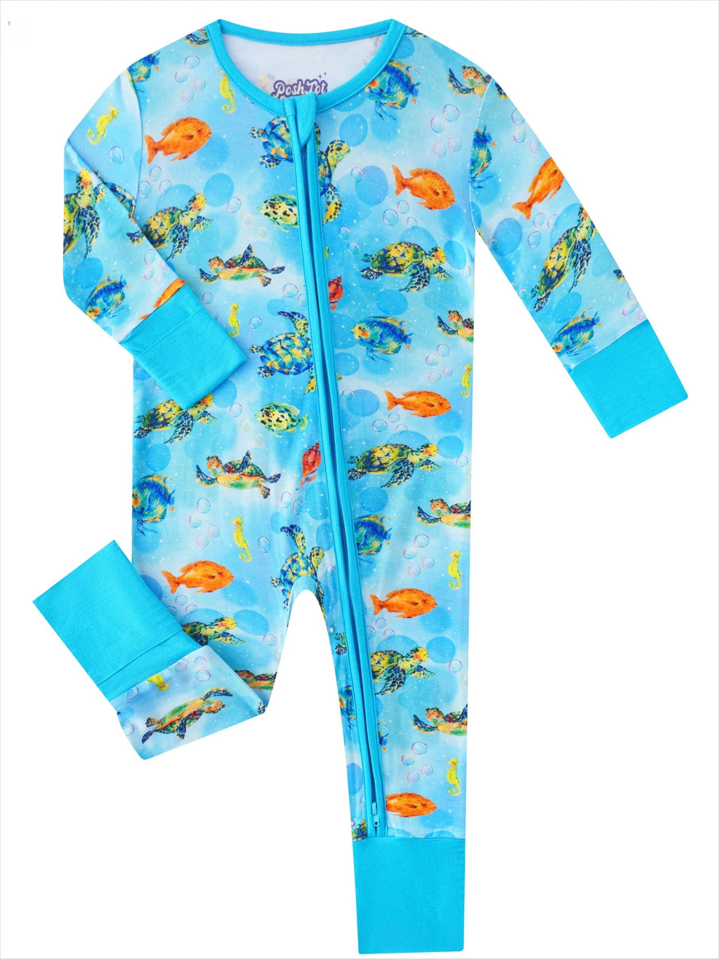 PoshTOT Little Sea turtle Bamboo Baby Convertible Zippy Romper